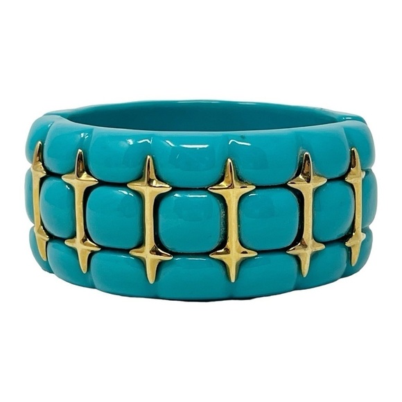 Wendy Williams Stretch Cuff Bracelet Turquoise Color Lucite Gold Tone Accents - Picture 1 of 8